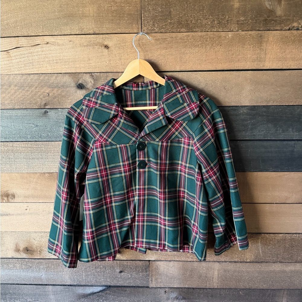 Green Plaid Cropped Jacket Tartan Preppy Swing Coat Vintage Style